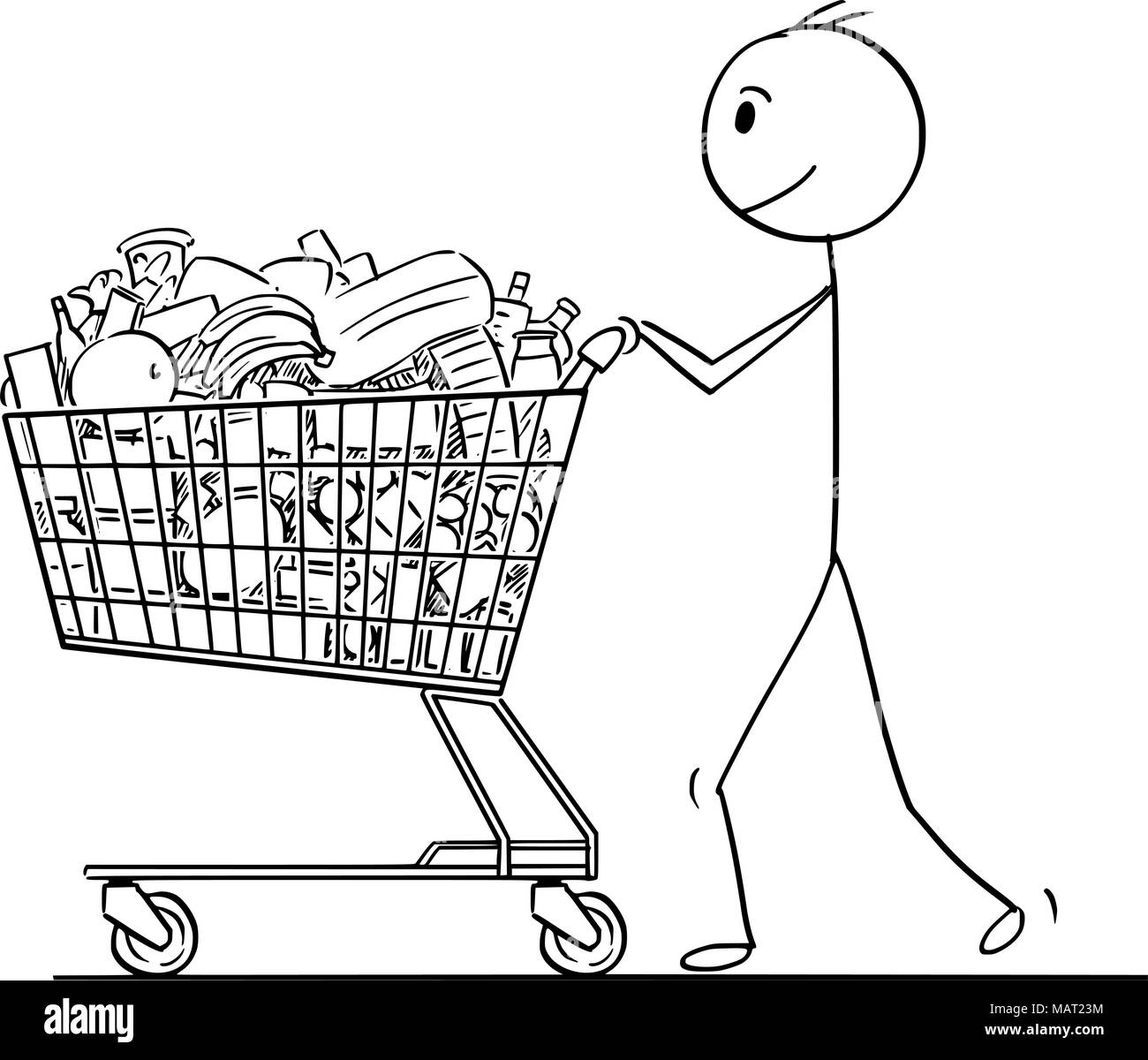 Cartoon di uomo sorridente o imprenditore spingendo carrello pieno di merci Illustrazione Vettoriale