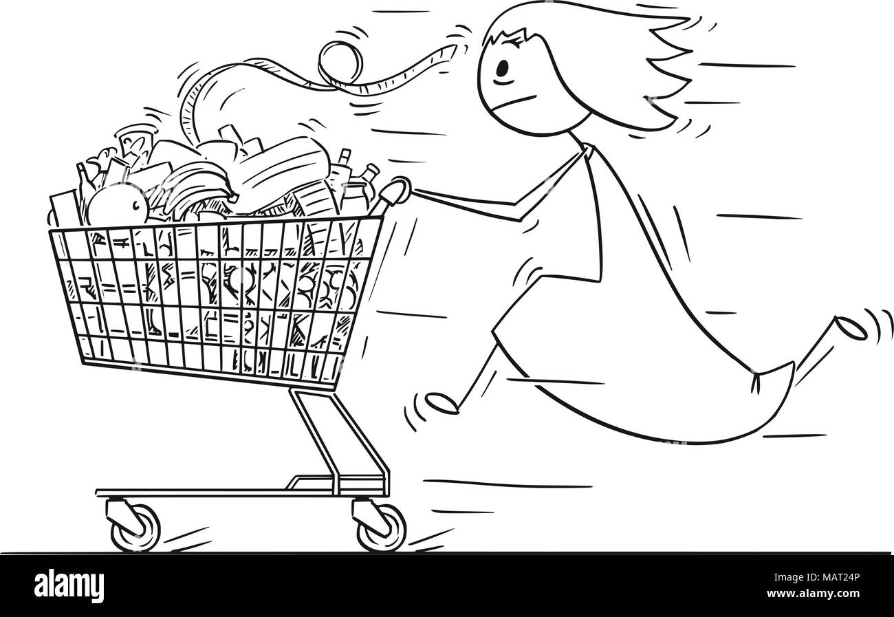 Cartoon di donna o imprenditrice in esecuzione e spingendo carrello pieno di merci Illustrazione Vettoriale