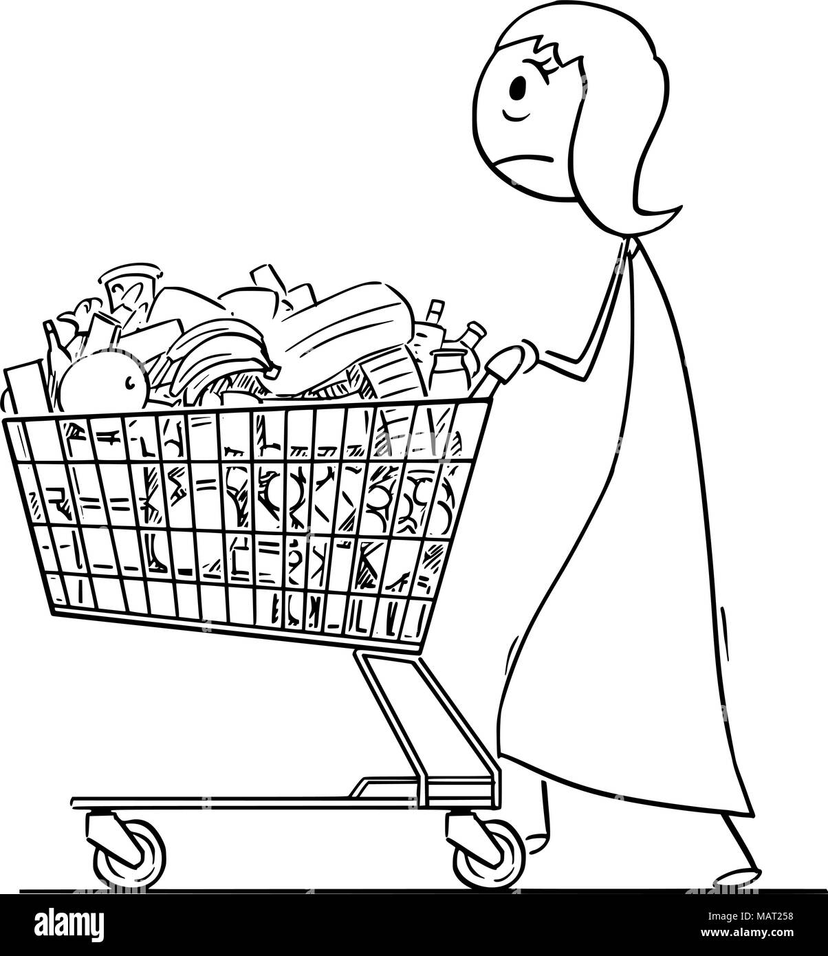 Cartoon di donna stanco o imprenditrice spingendo carrello pieno di merci Illustrazione Vettoriale