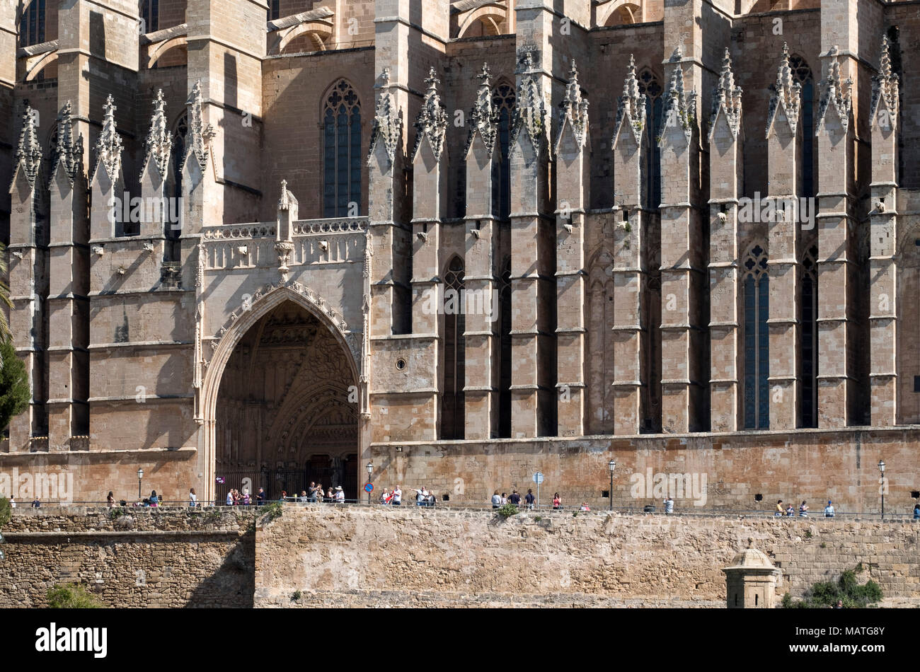 Mallorca, Palma de Mallorca, Kathedrale La Seu, Südseite mir Strebewerk und Südportal Foto Stock