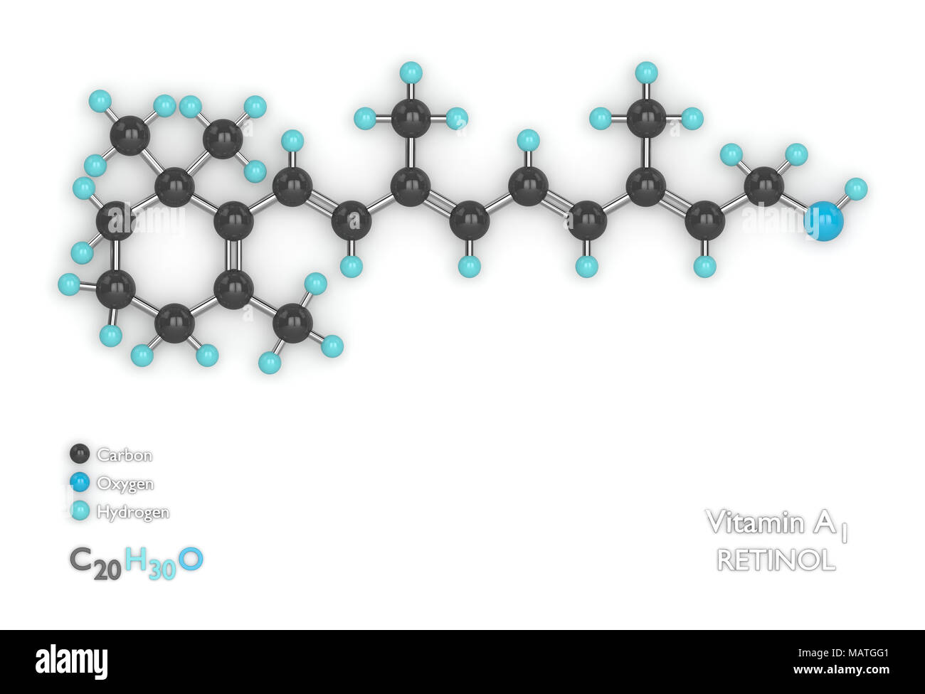 3D render del modello molecolare con formula molecolare di vitamina A1
