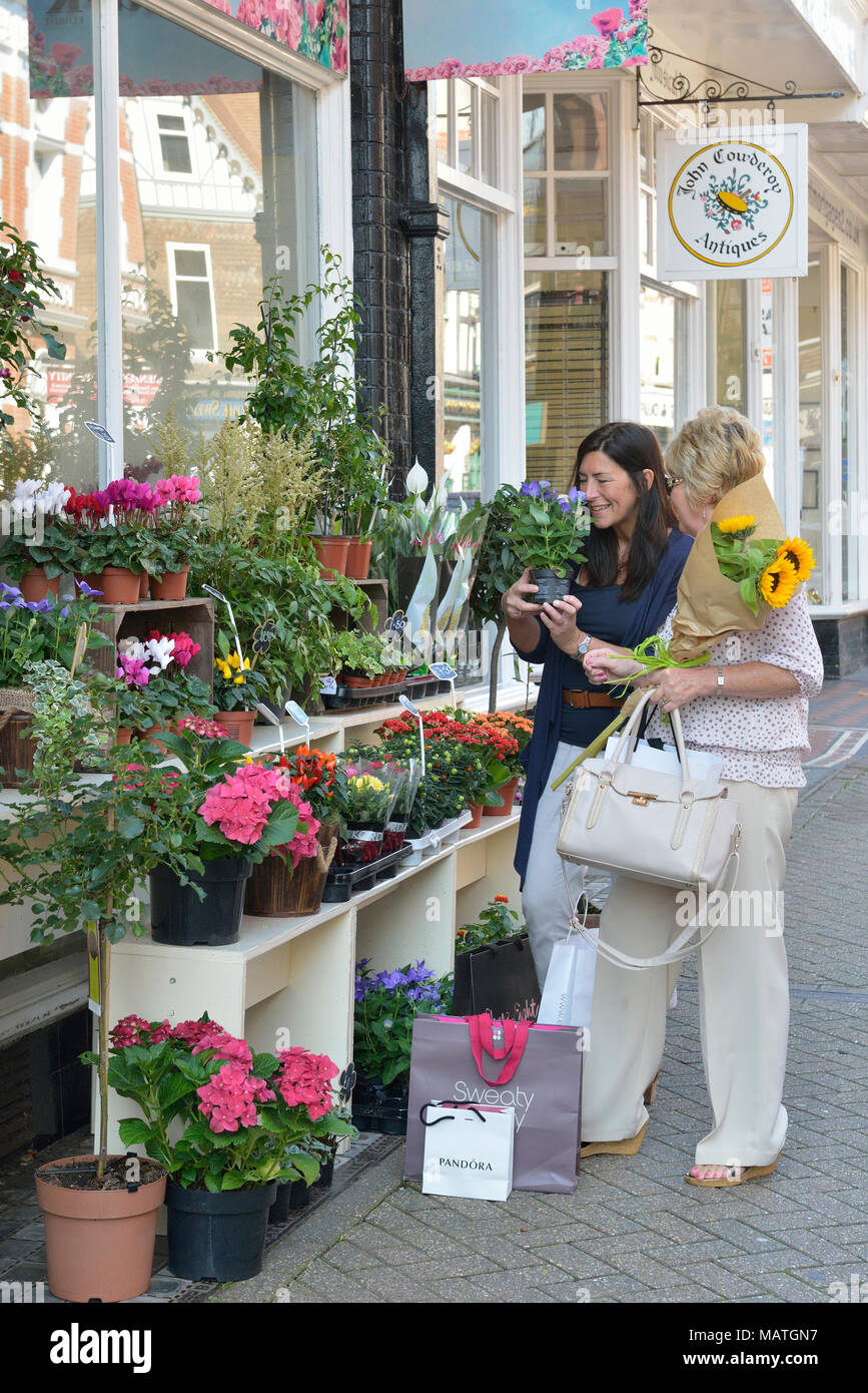 Due donne di navigazione su un display di fiorista, South Street, Eastbourne, East Sussex, England, Regno Unito Foto Stock