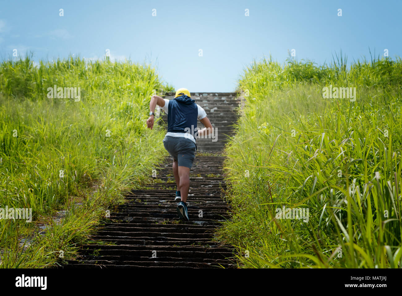 Athletic uomo correre al piano di sopra nel sentiero forestale Foto Stock