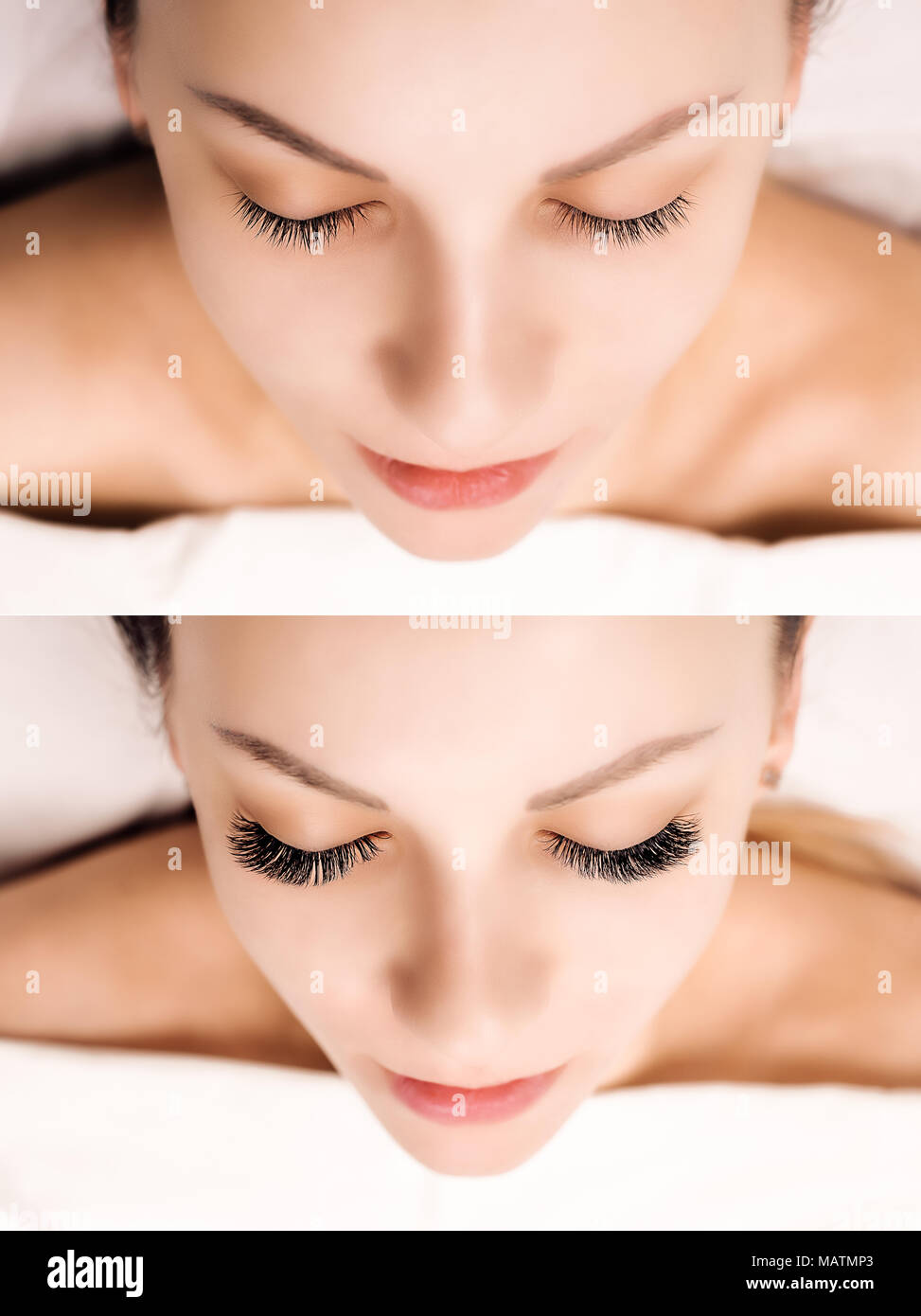 Extension delle ciglia. Confronto di occhi femmina prima e dopo. Foto Stock