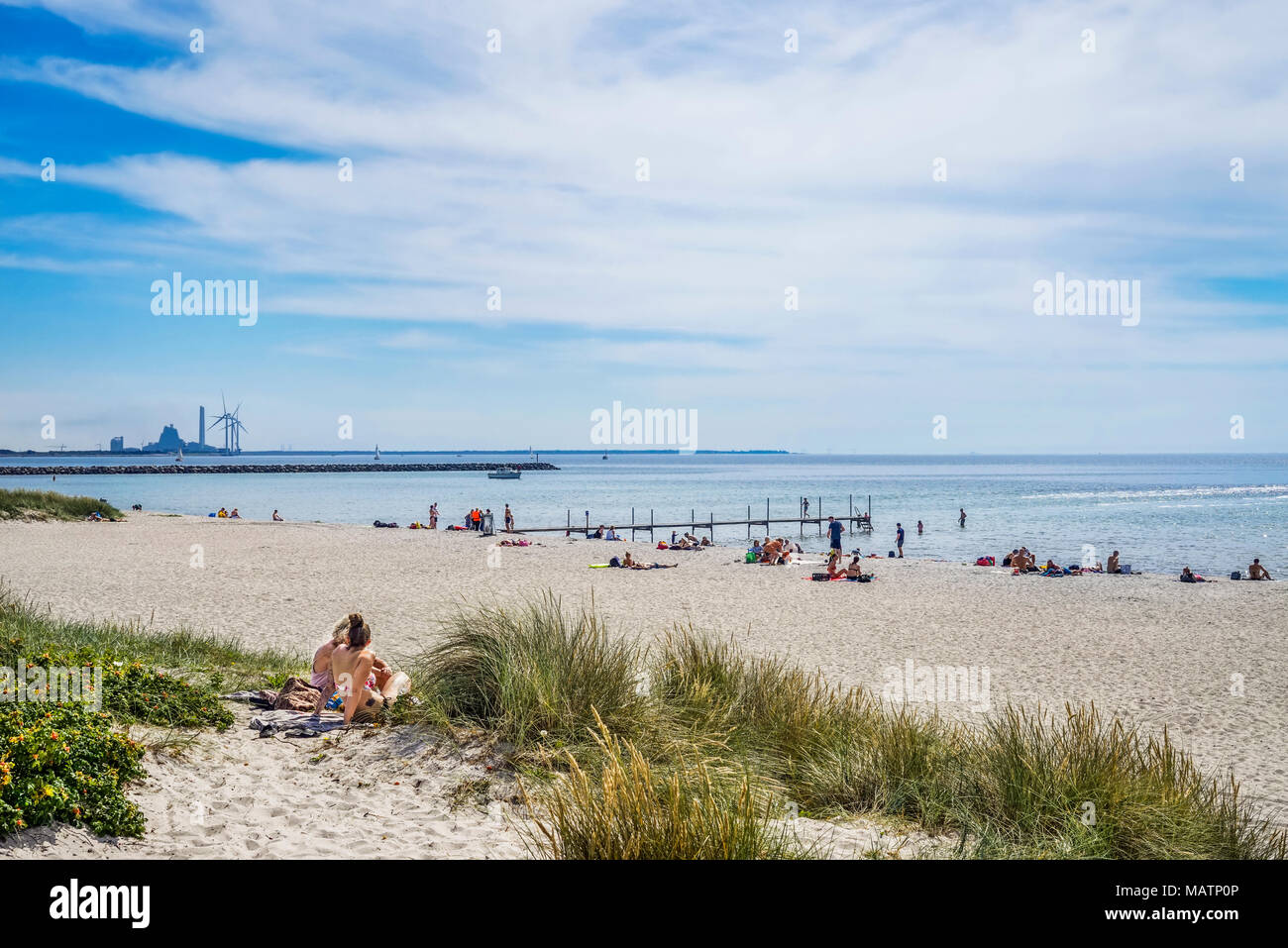 Mar Baltico spiaggia di Ishøj sul Køge Bay, un southwester area suburbana di Copenhagen con l'alto-tecnologia facility Avedøre Power Station in ba Foto Stock