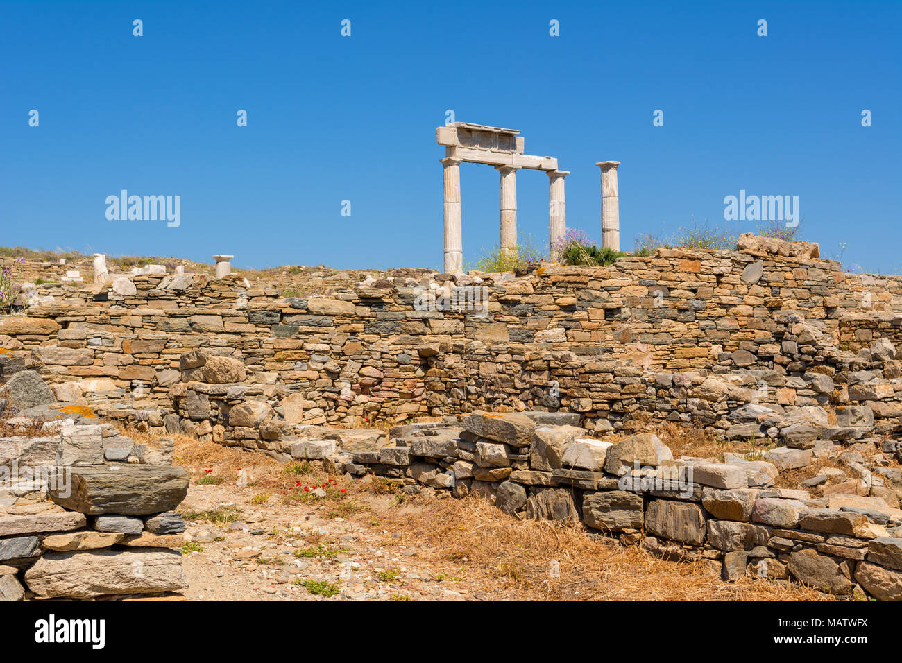 Il Tempio di Apollo rovine nel sito archeologico di Isola di Delos, Cicladi Grecia Foto Stock