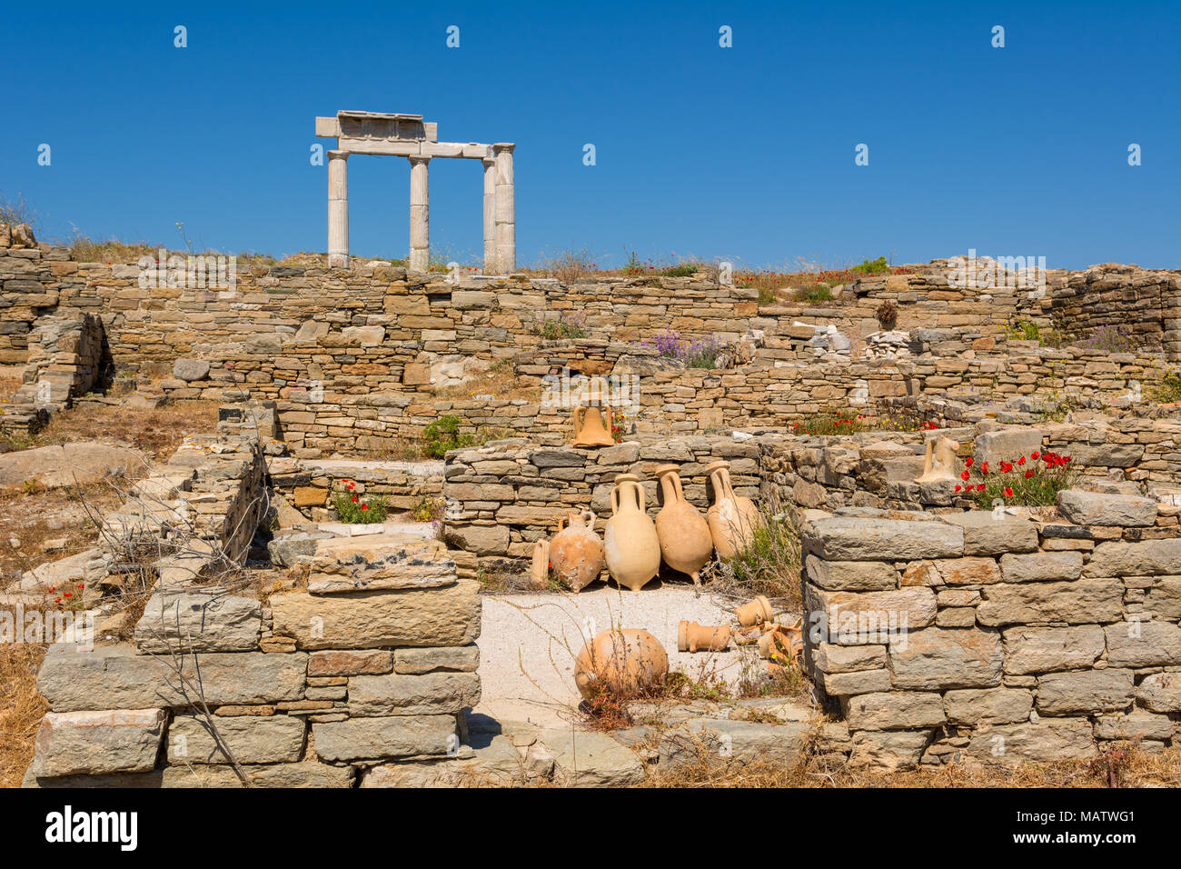 Vasi antichi e il Tempio di Apollo rovine nel sito archeologico di Isola di Delos, Cicladi Grecia Foto Stock