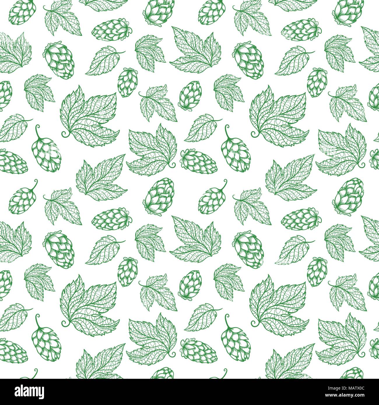 Seamless texture con disegno dettagliato le icone di birra e foglie su sfondo bianco Illustrazione Vettoriale
