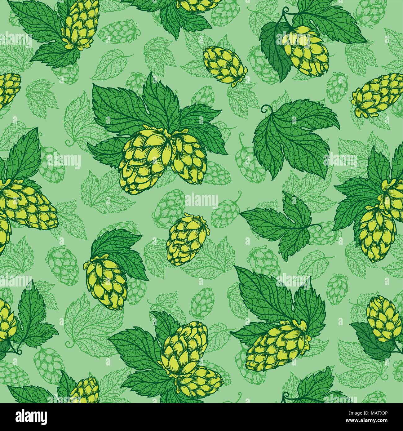 Seamless texture con disegno dettagliato le icone di birra e foglie su sfondo verde Illustrazione Vettoriale