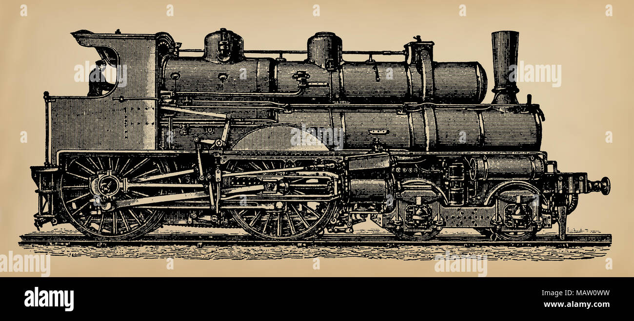 Una vecchia locomotiva a vapore, modello del 1897. Pubblicazione del libro "Un secolo nel testo e immagini', Berlino, Germania, 1899 Foto Stock