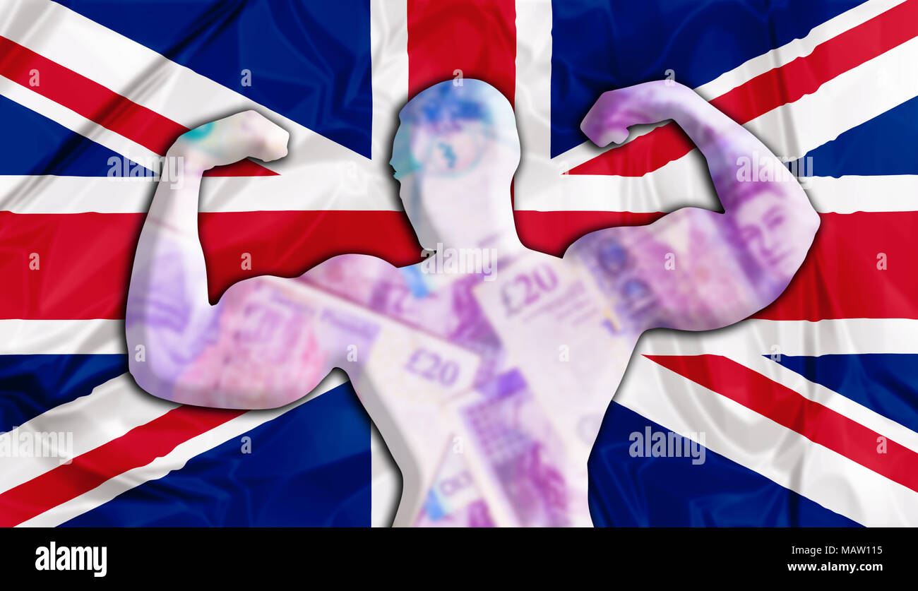 Abstract background aziendale. Concetto di potenti Gran Bretagna sterlina inglese. Regno Unito di Gran Bretagna bandiera, culturista a forma di moneta GBP. Concetto finanziario circa il tasso di cambio della sterlina inglese Foto Stock