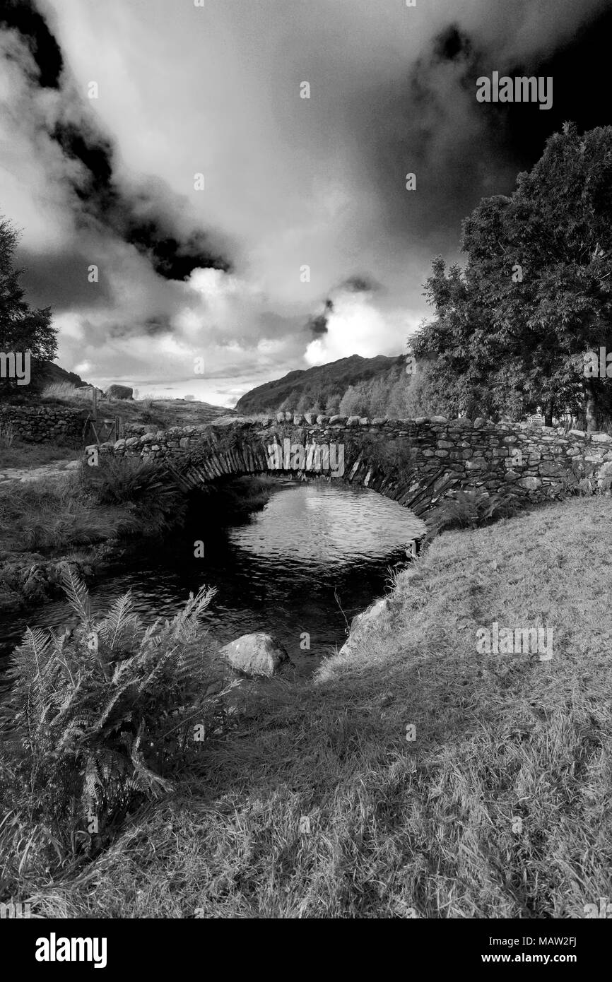 Estate, Packhorse ponte di pietra sul Watendlath Beck, Watendlath Tarn, Parco Nazionale del Distretto dei Laghi, Cumbria, England, Regno Unito Foto Stock