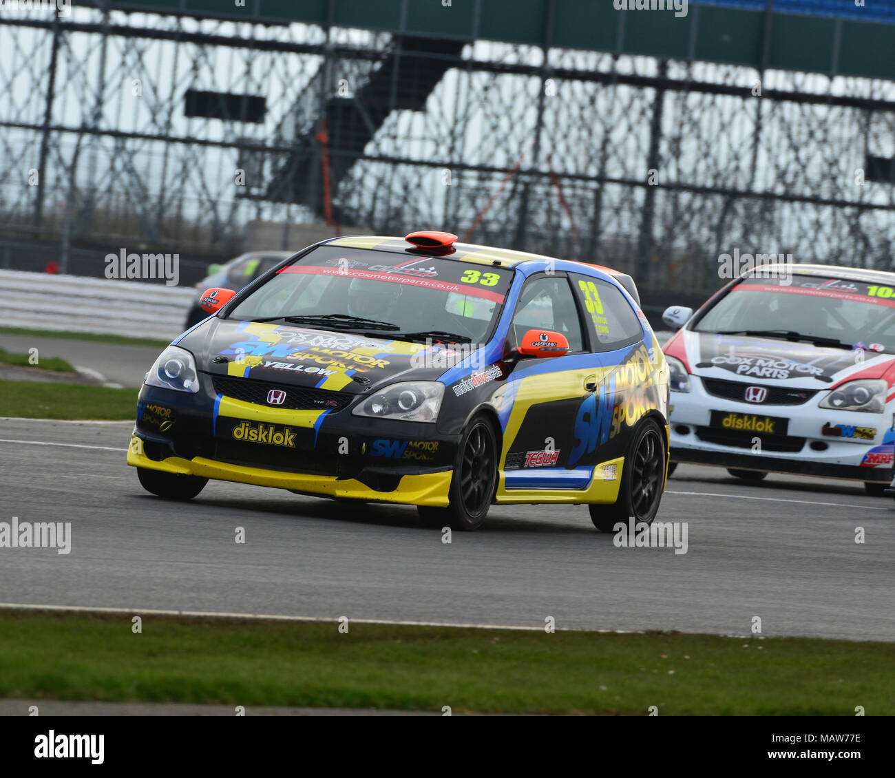 Silverstone, Towcester, Northamptonshire, Inghilterra, domenica 1 aprile 2018. Tim Evans, Honda Civic, in Cox Parti Motore Civic Cup evento tenutosi sul T Foto Stock