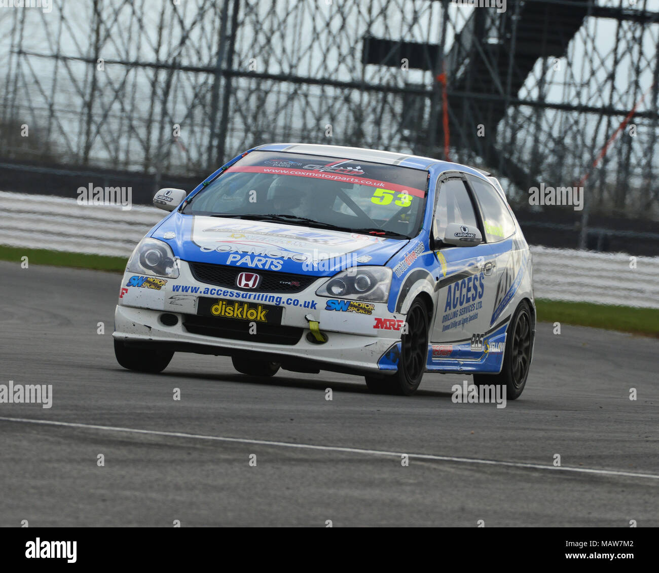 Silverstone, Towcester, Northamptonshire, Inghilterra, domenica 1 aprile 2018. Paolo Bancroft, Honda Civic, in Cox Parti Motore Civic Cup evento tenutosi su t Foto Stock