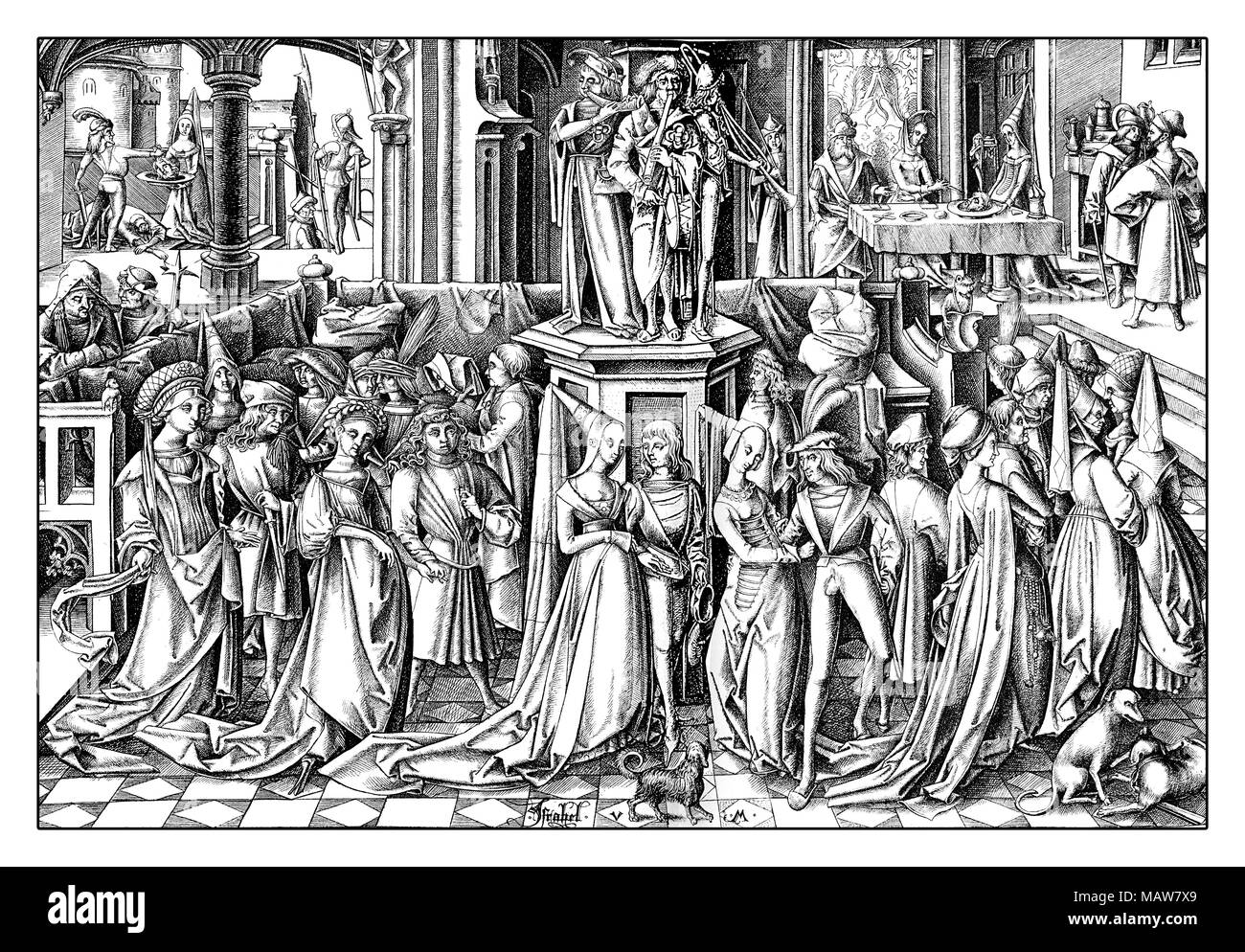 La danza delle Figlie di Erodiade, incisione di Israhel van Meckenem (1445 - 1503), anno 1503 Foto Stock
