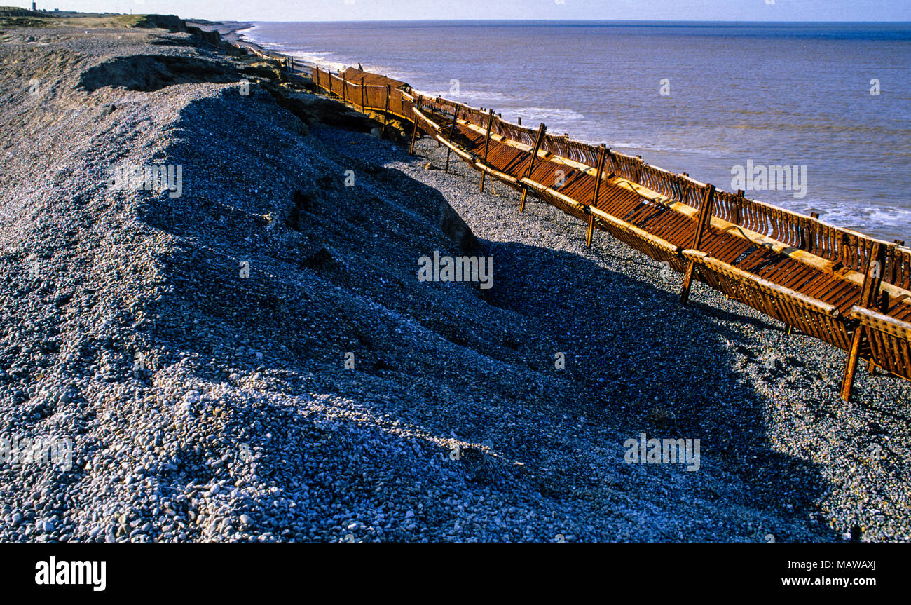 Danneggiato le difese di mare Weyborn, Norfolk, Inghilterra, Regno Unito, GB. Foto Stock