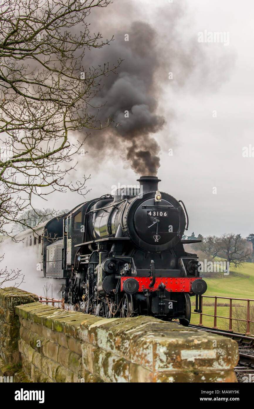 Vista frontale della vecchia, vintage UK locomotiva a vapore 43106 (LMS Ivatt Classe 4) avvicinando, sbuffando fumo, passando attraverso la paesaggistica campagna in primavera. Foto Stock