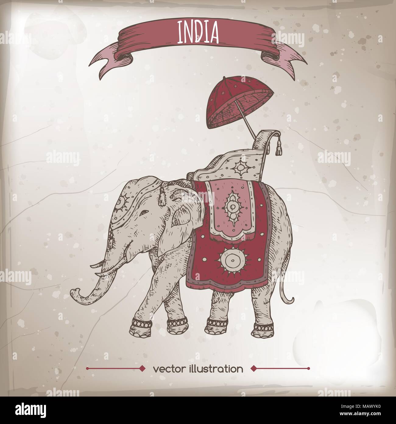 Vintage illustrazione di viaggio con decorate elefante indiano Illustrazione Vettoriale