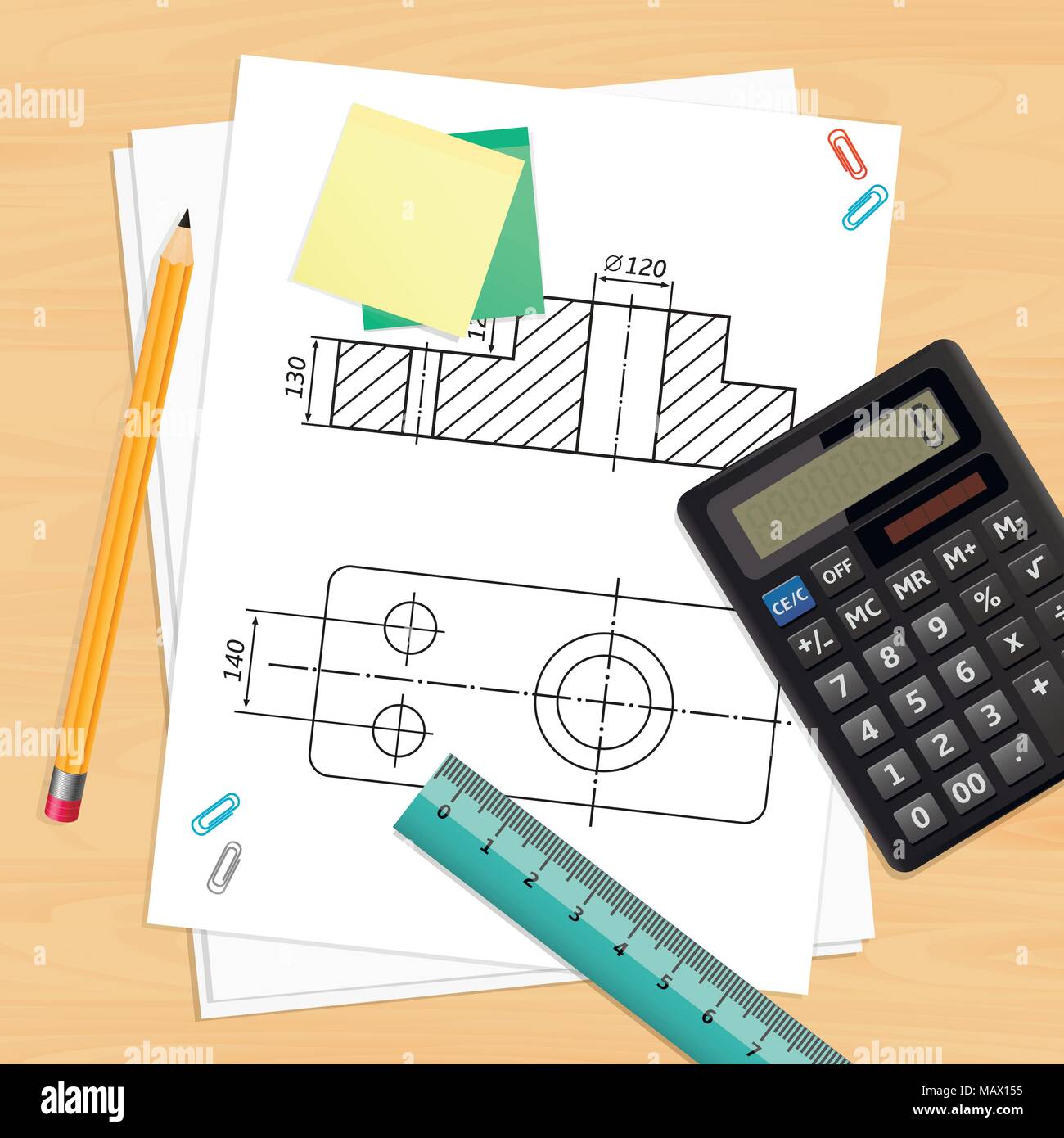 Engineer luogo di lavoro con strumenti e disegno tecnico Illustrazione Vettoriale