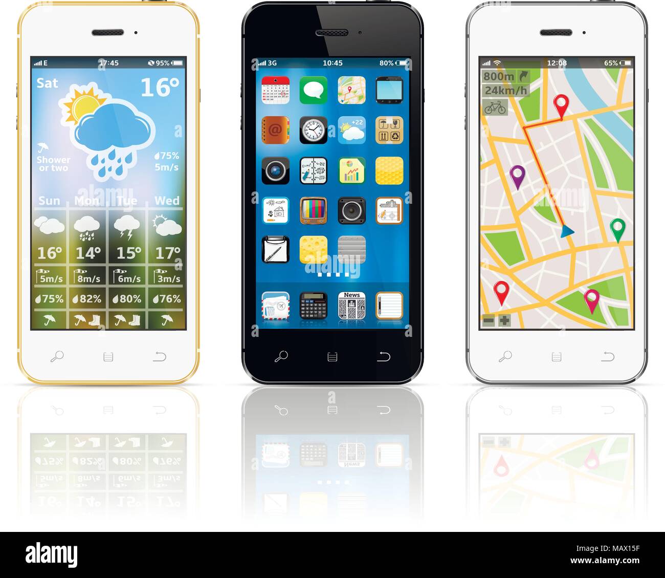 Moderno vettore smartphone con i widget su schermi Illustrazione Vettoriale
