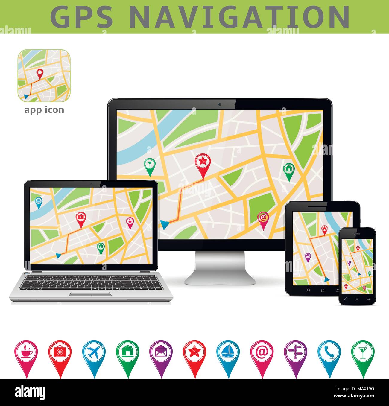 Sistema di navigazione GPS. Modello infografico Illustrazione Vettoriale