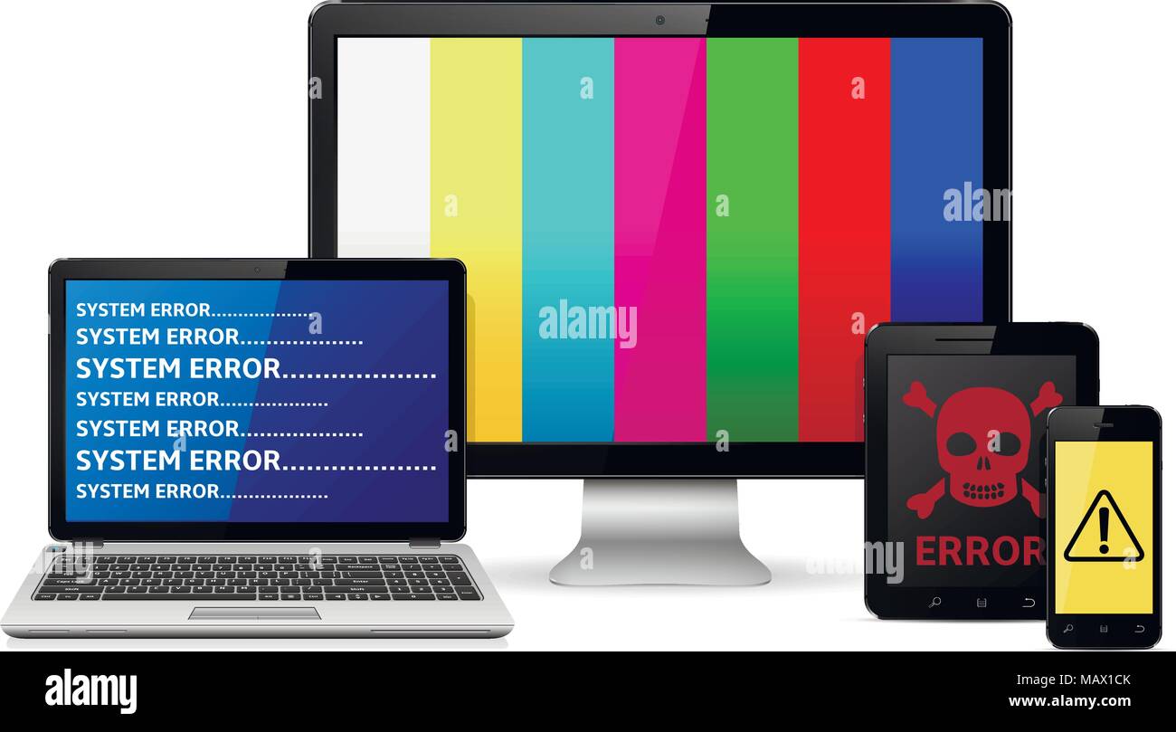 Set di distrutto laptop, tablet PC, smartphone e computer display isolati su sfondo bianco. Illustrazione Vettoriale