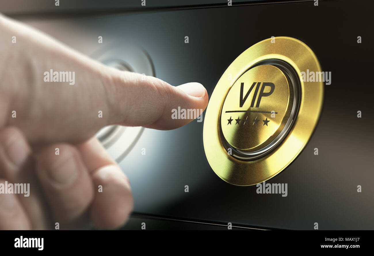 Uomo con accesso privato per i servizi di VIP premendo un pulsante per chiedere un concierge. Immagine composita tra una mano e la fotografia di un 3D sfondo. Foto Stock
