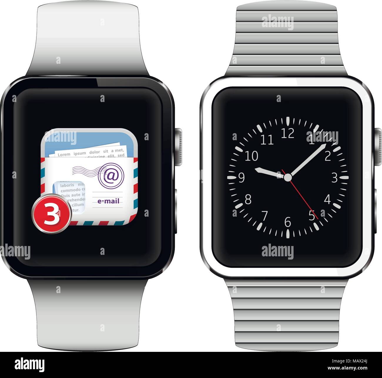 Smart orologi isolato su bianco con la posta elettronica sullo schermo Illustrazione Vettoriale