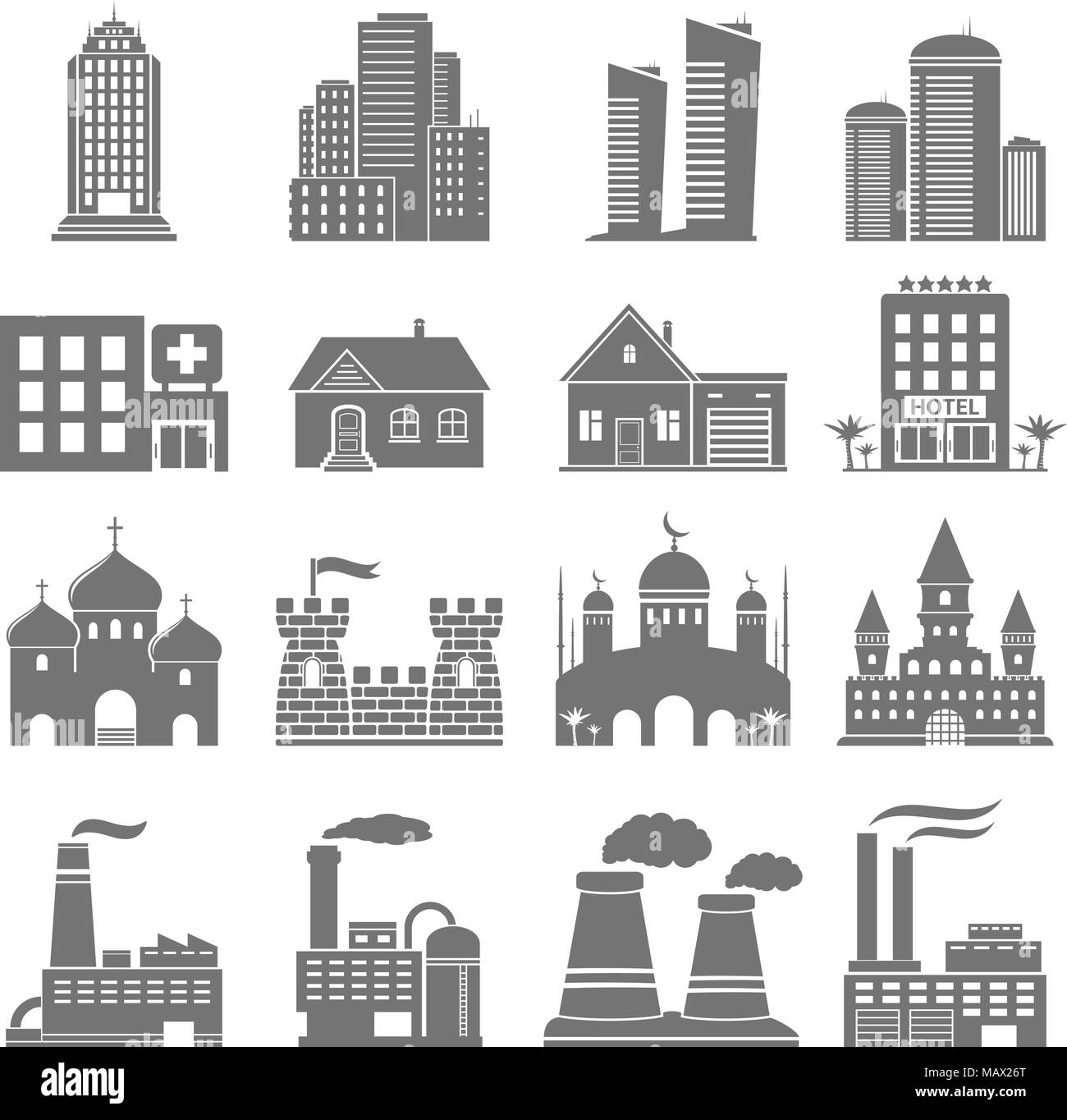 Set di 16 edifici e fabbriche icone Illustrazione Vettoriale