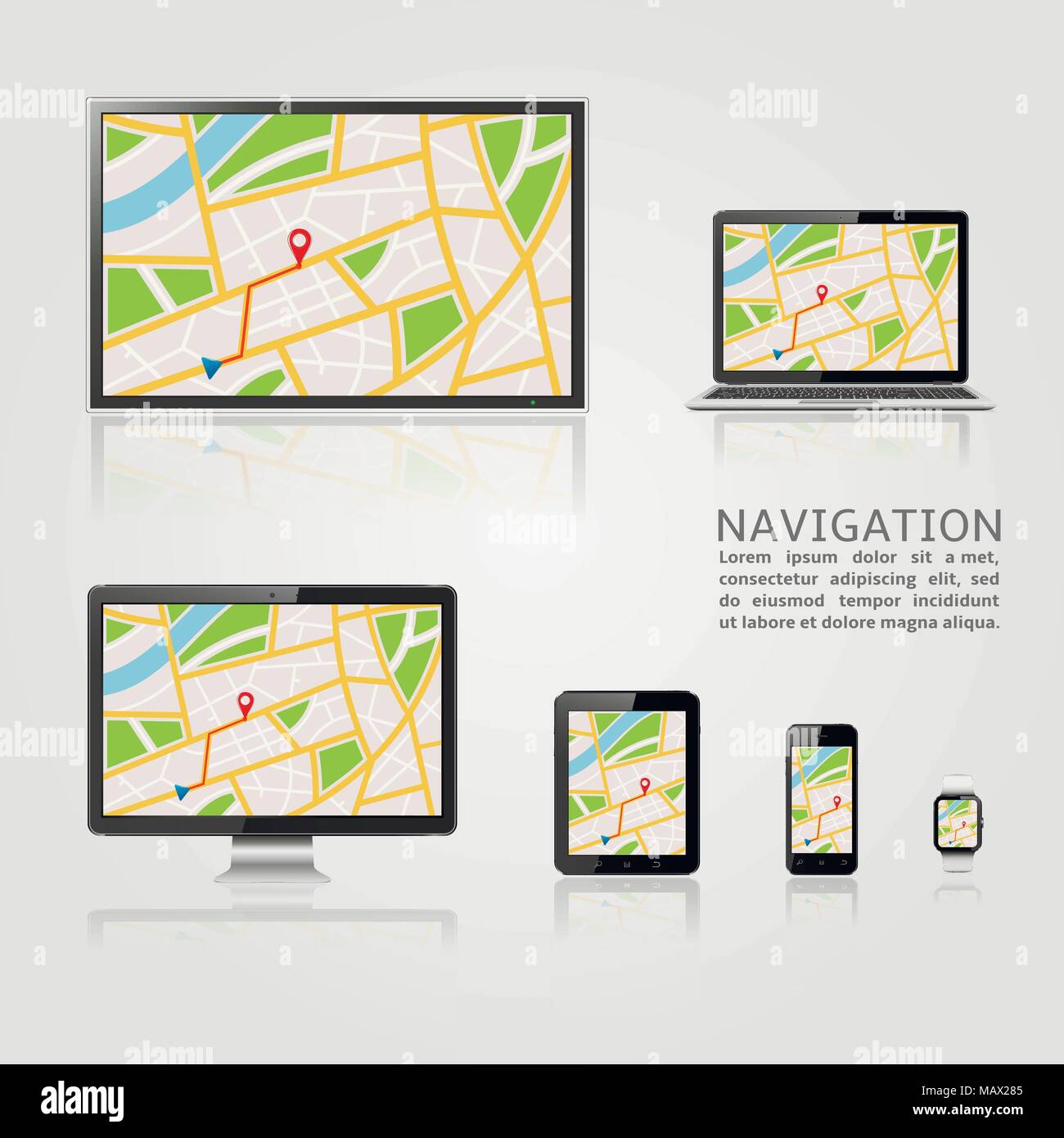 Modello di navigazione. Mappa GPS sul display dei moderni dispositivi digitali Illustrazione Vettoriale