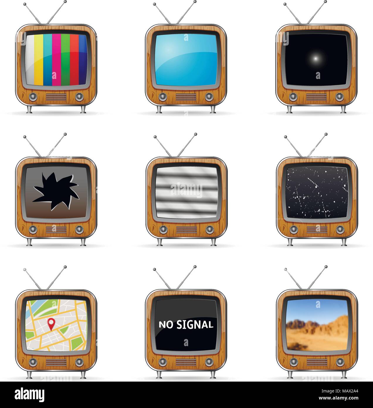 Vettore TV retrò icone con varie schermate. Illustrazione Vettoriale