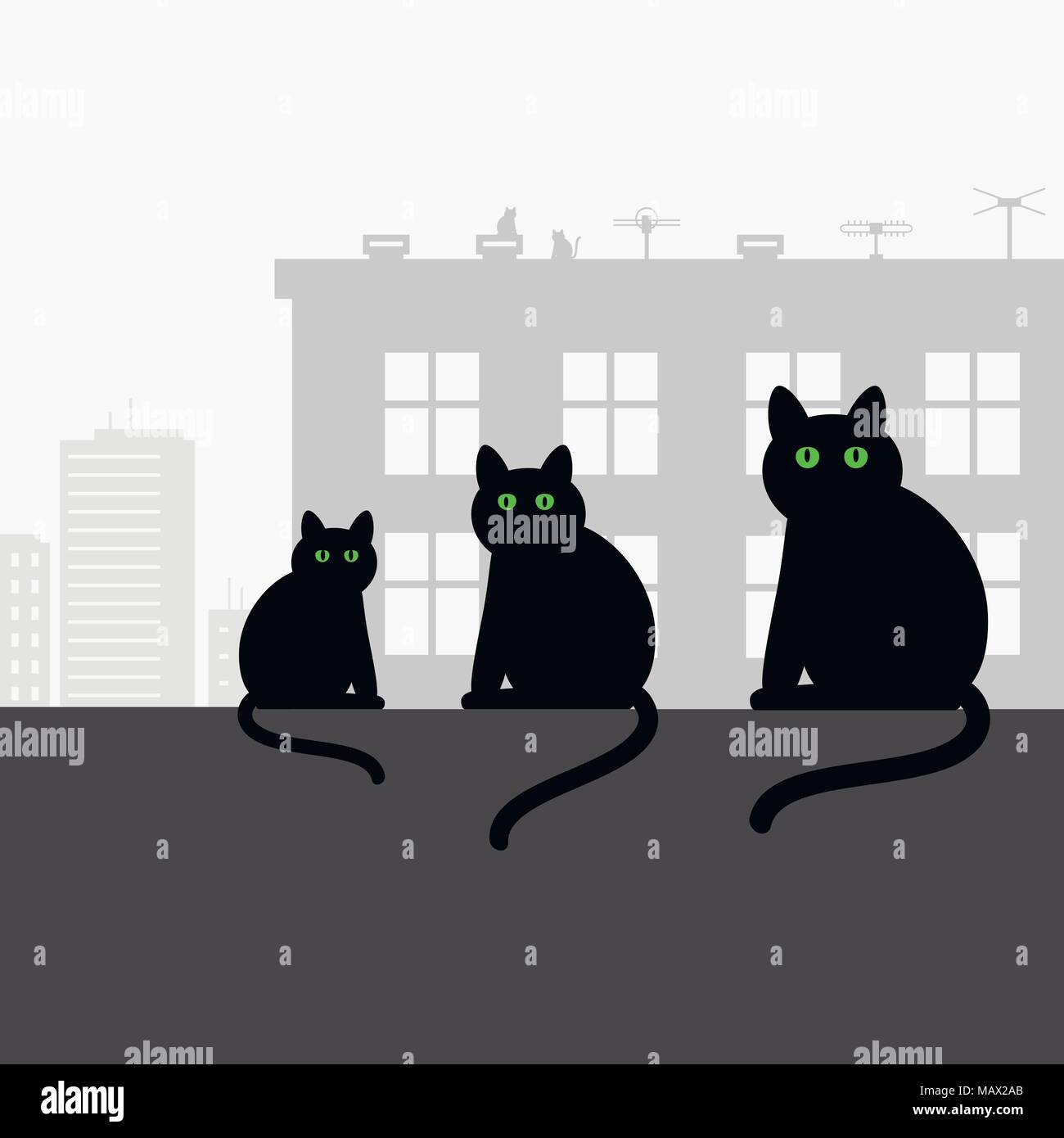 Famiglia gatti neri con gli occhi verdi è seduta sul tetto. Illustrazione Vettoriale. Illustrazione Vettoriale