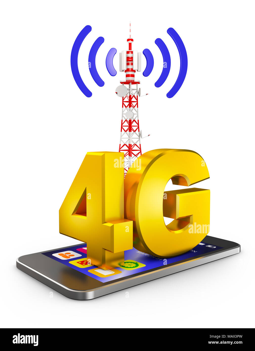 4G sullo smartphone e di una torre di comunicazione. Il rendering 3d. Foto Stock