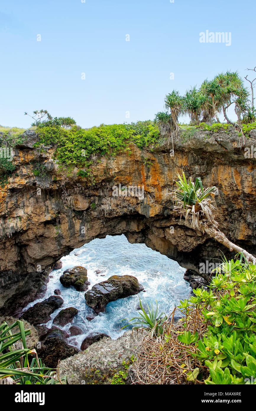 Terreni naturali Hufangalupe ponte sulla parte meridionale dell isola di Tongatapu in Tonga. Essa è stata formata quando il tetto di un mare grotta crollò Foto Stock