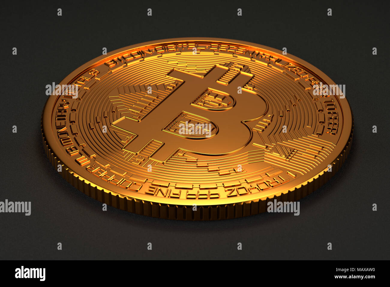 Bitcoin isolato su sfondo scuro con leggera profondità di campo Sfocatura. Illustra bitcoin, cryptocurrency, crypto mining, o blockchain monete. Foto Stock