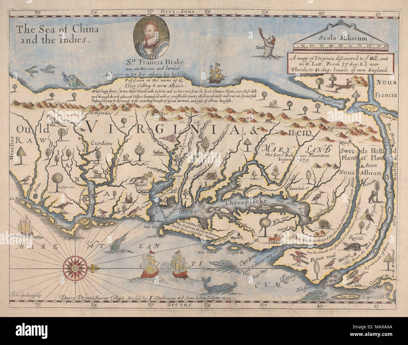 Una mapp della Virginia ha scoperto per voi cade...1651 Foto Stock