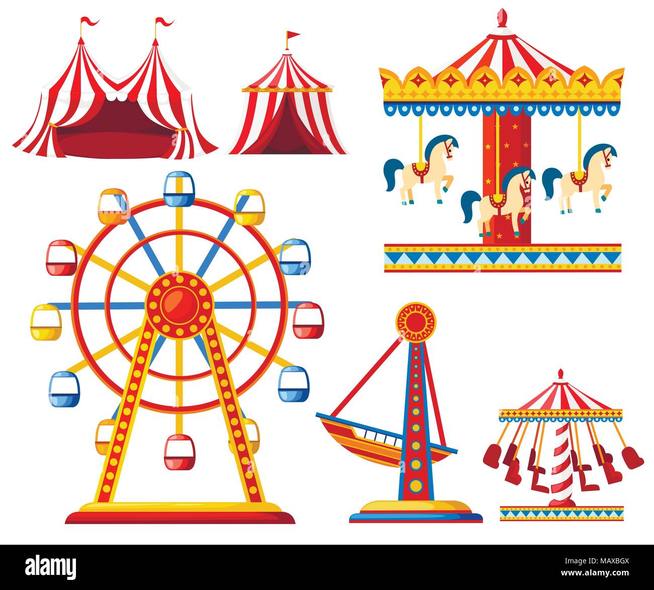Set di carnival circus icone. Parco dei divertimenti di raccolta. Tenda, giostra ruota panoramica Ferris, la nave dei pirati. Stile Cartoon design. Illustrazione di vettore isolato Illustrazione Vettoriale