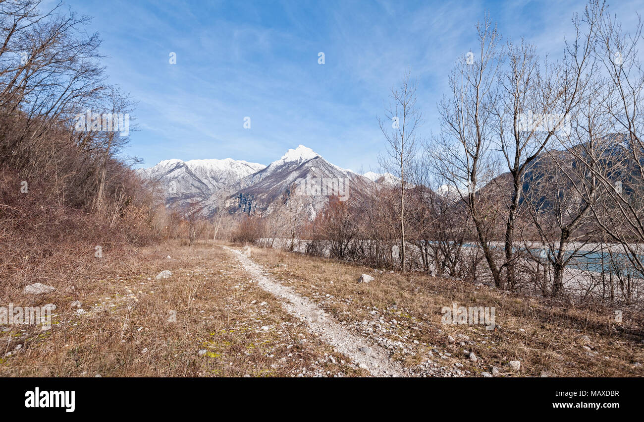 Paesaggio di montagna con il sentiero , alberi e fiume. Foto Stock