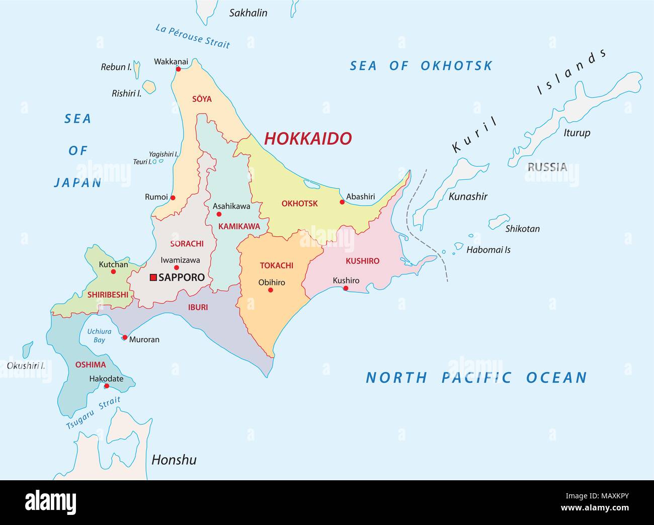 Hokkaido politica e amministrativa di mappa vettoriale Illustrazione Vettoriale