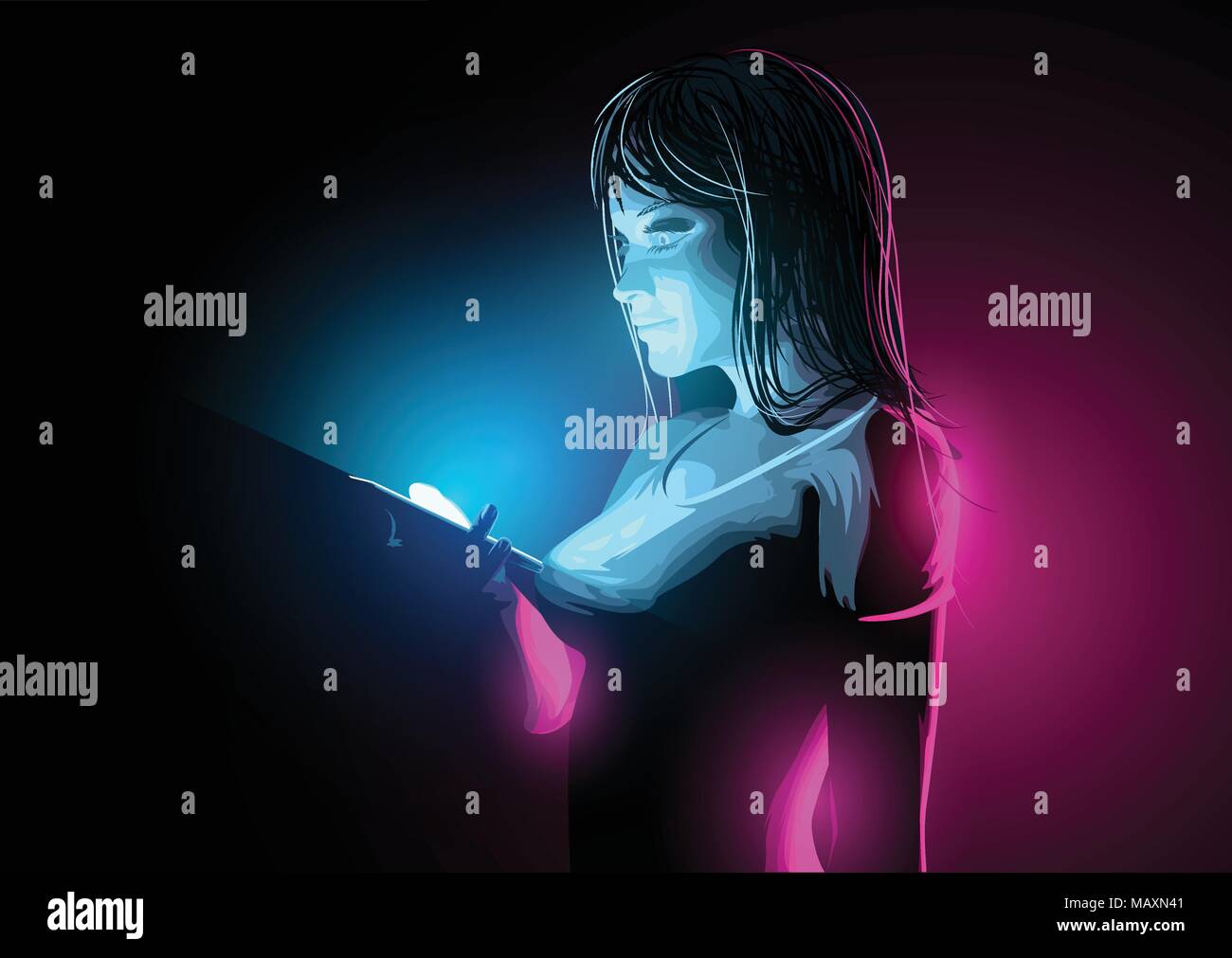 Un sorridente informale giovani donne di controllo un messaggio sul suo telefono di notte. Illustrazione Vettoriale Illustrazione Vettoriale
