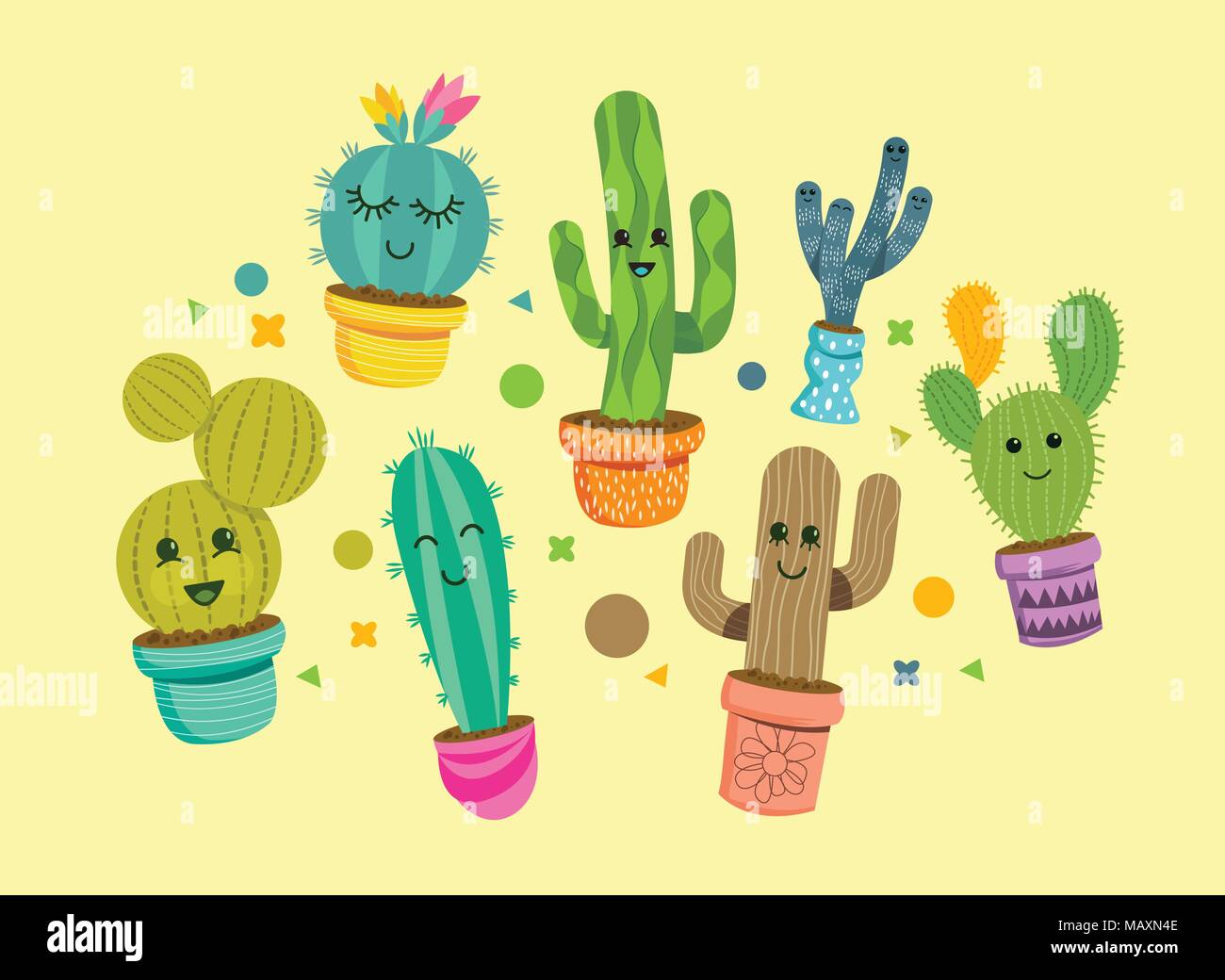 Una collezione di luminoso e felice cactus caratteri vegetali in vasi colorati. Illustrazione Vettoriale. Illustrazione Vettoriale