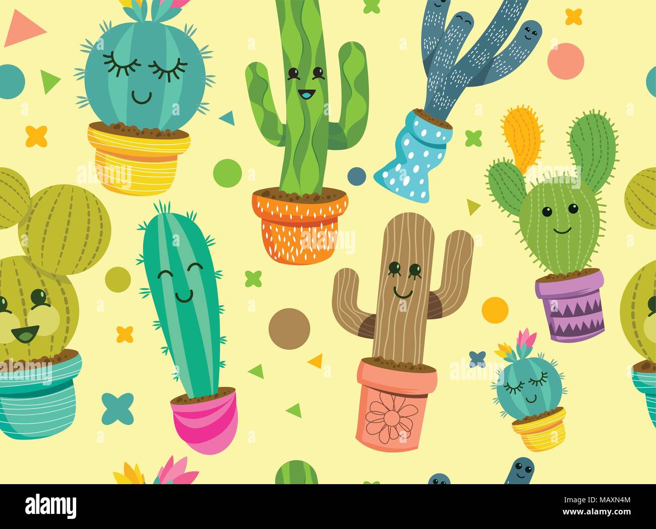 Un modello senza giunture di allegra pianta di cactus caratteri con volti sorridenti in vasi colorati. Illustrazione Vettoriale. Illustrazione Vettoriale