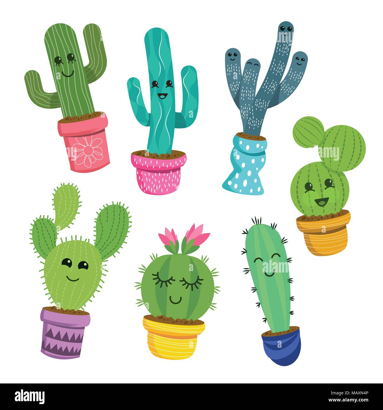 Una collezione di carino e allegro cactus caratteri vegetali in vasi colorati. Illustrazione Vettoriale. Illustrazione Vettoriale