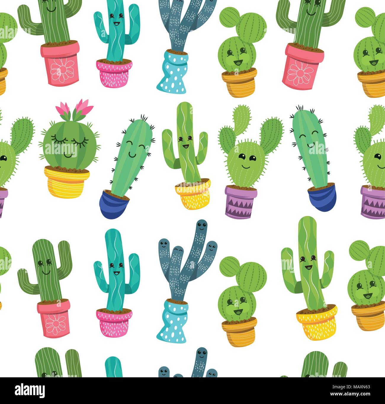 Un modello senza giunture di graziosi cactus caratteri vegetali con volti sorridenti in vasi colorati. Illustrazione Vettoriale. Illustrazione Vettoriale