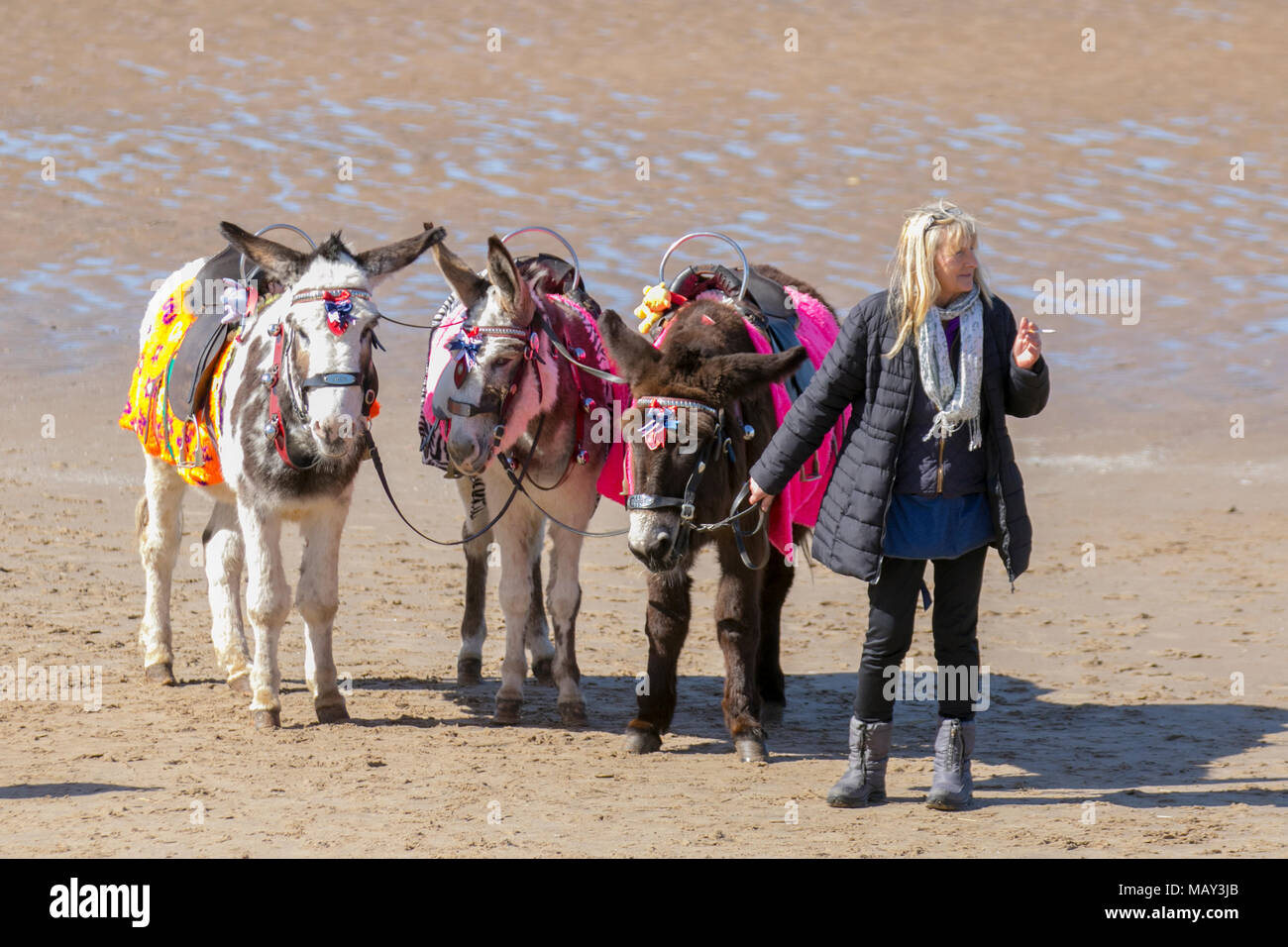 Blackpool Lancashire. 5 apr, 2018. Regno Unito: Meteo soleggiato per iniziare la giornata sulla costa di Fylde come vacanzieri godere egli caldo sole sul lungomare. Credito: MediaWorldImages/AlamyLiveNews Foto Stock