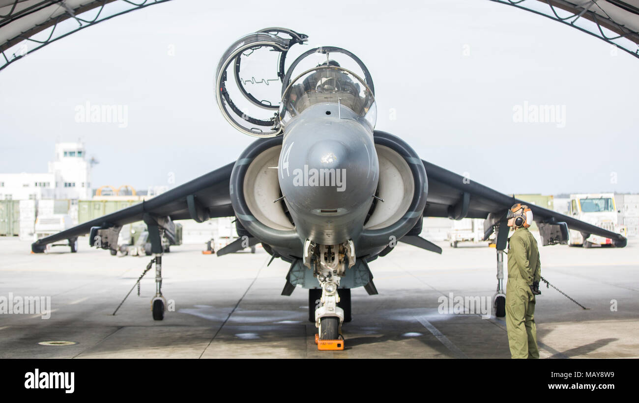 Un U.S. Marine Corps TAV-8B Harrier pilotato da Col. John A. Rahe, l'assistente wing commander di 2 aeromobili Marina Wing, si prepara per il decollo in Marine Corps Air Station Cherry Point, N.C., 28 marzo 2018. Rahe volò per l ultima volta in un TAV-8B Harrier prima di ritirarvi dopo 27 anni di servizio. (U.S. Marine Corps photo by Lance Cpl. Ethan Pumphret) Foto Stock