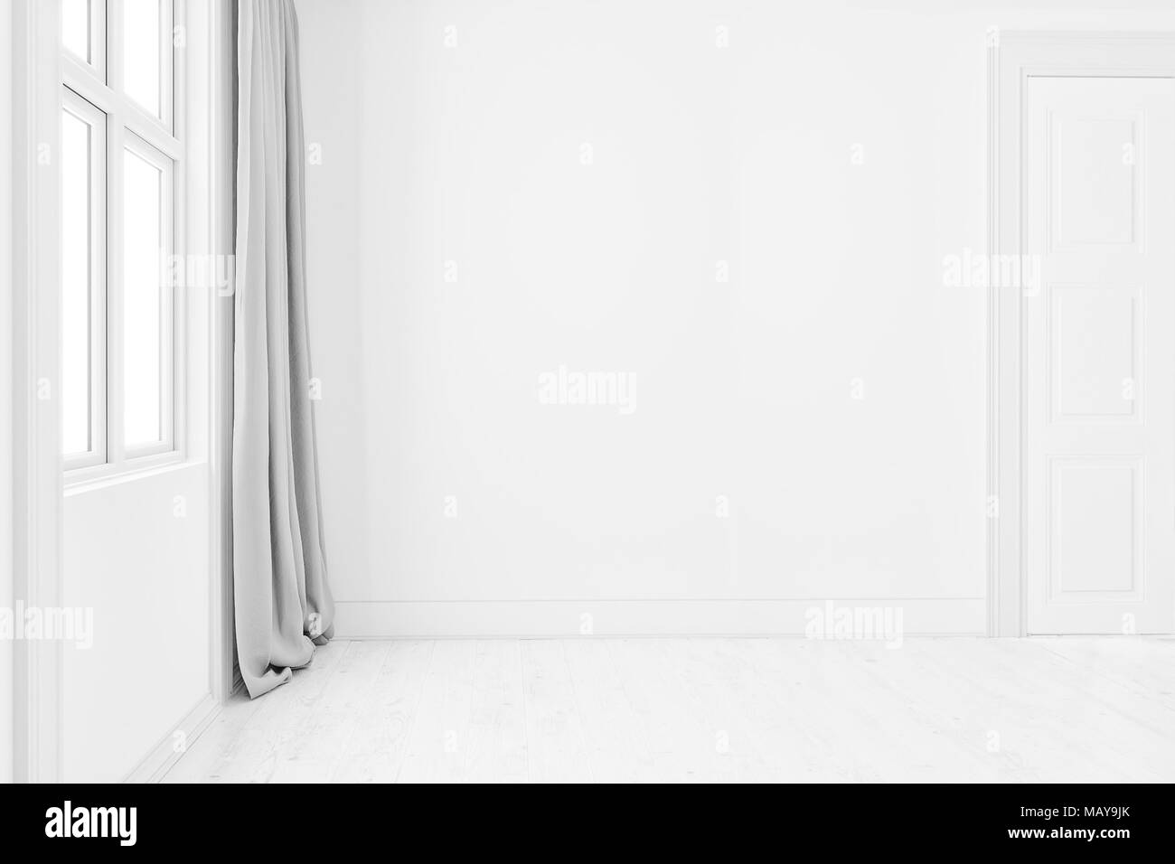 Pulire vuoto interno camera vuota di sfondo bianco angolo pareti bianche e pavimento in legno,contemporanea il rendering 3D Foto Stock
