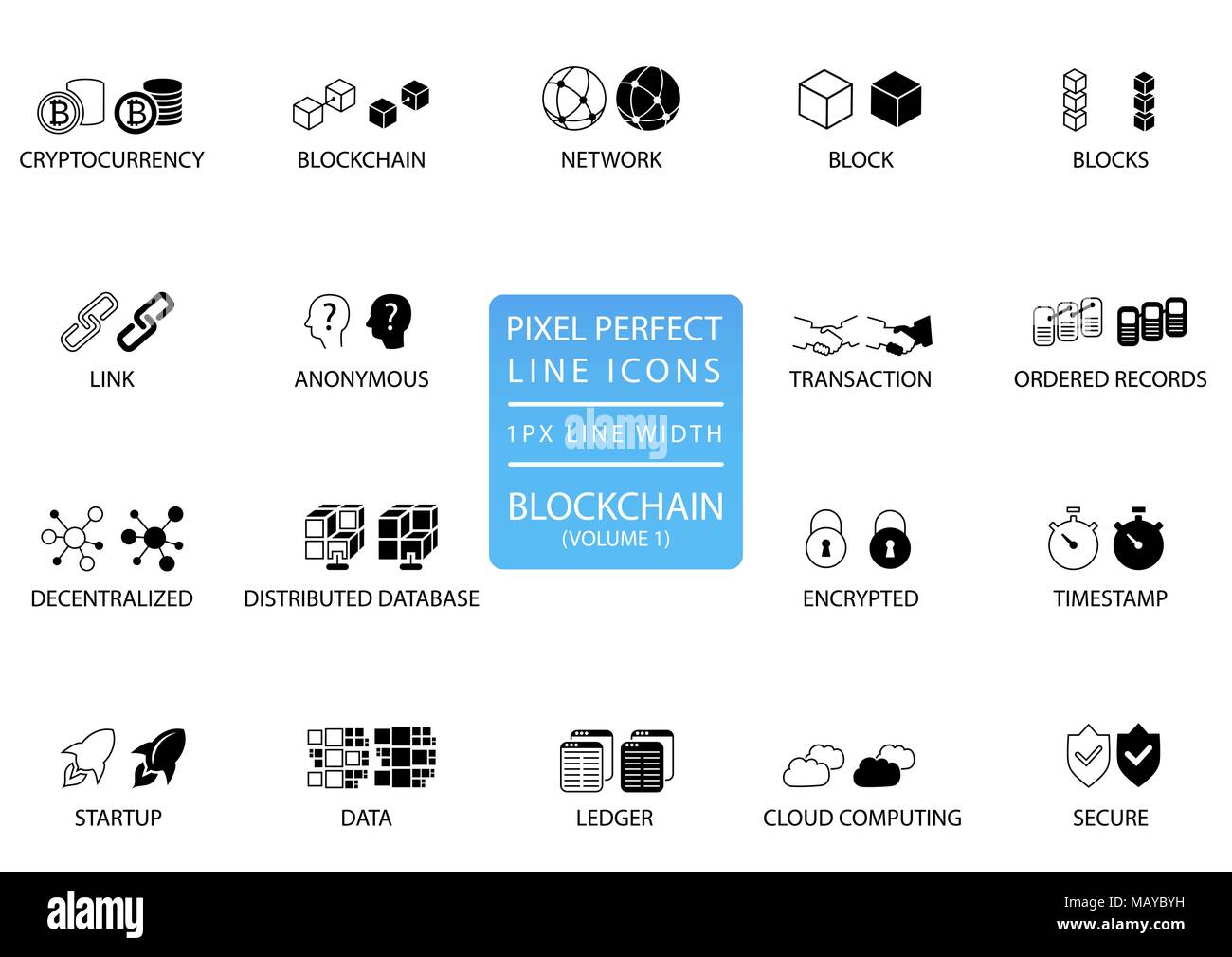 E Blockchain cryptocurrency sottile linea vector icon set. Pixel icone perfetto con 1 px di larghezza della linea per una ottimale applicazione e utilizzo del web Illustrazione Vettoriale
