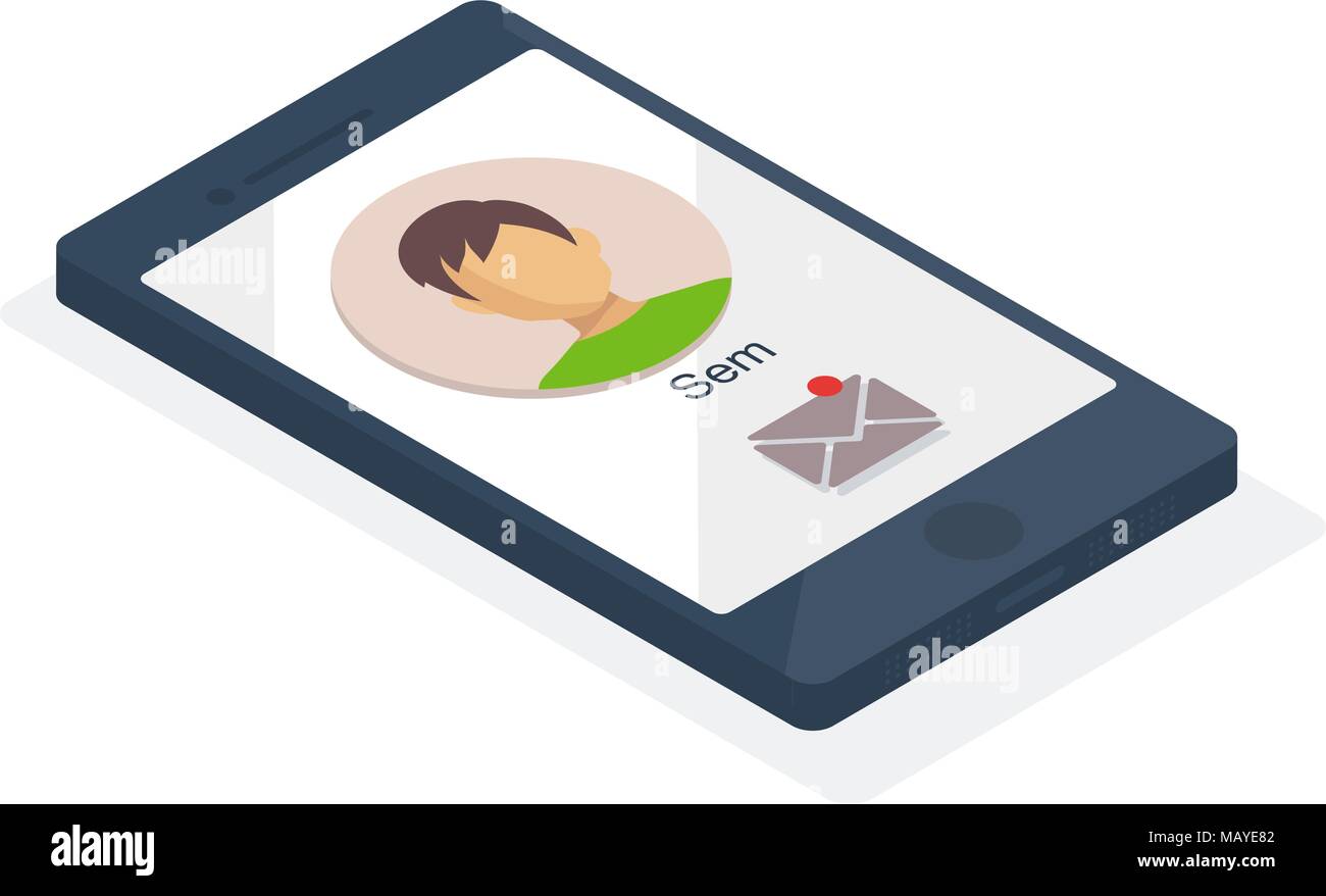 Concetto di telefono isometrica con amore chat sulla schermata. Illustrazione Vettoriale. Illustrazione Vettoriale