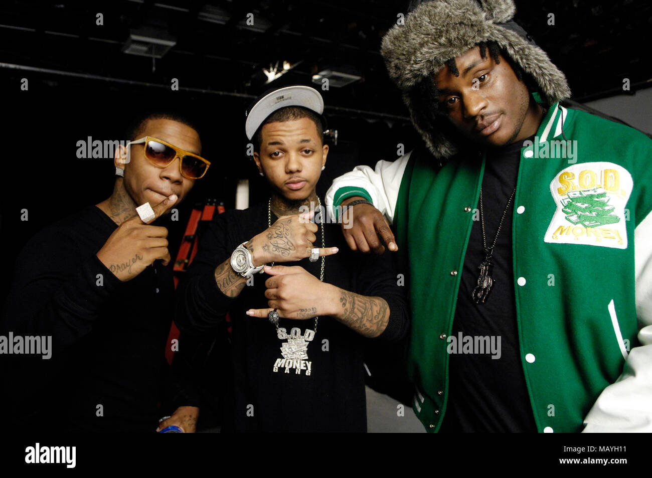 Rapper Lil B a base di Dio, Araba e Big Boss del cofano sul set per Soulja Boy Dillo ad 'Em music video su Febbraio 11, 2010 a Los Angeles, California. Foto Stock